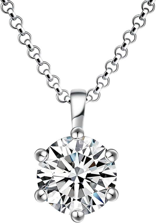 Impalsory Moissanite Pendant Necklace, 0.5ct 1ct 2ct Classic Round 6 Prong Solitaire Moissanite Necklace for Women 18K White Gold Plated Silver with 18 inch Chain