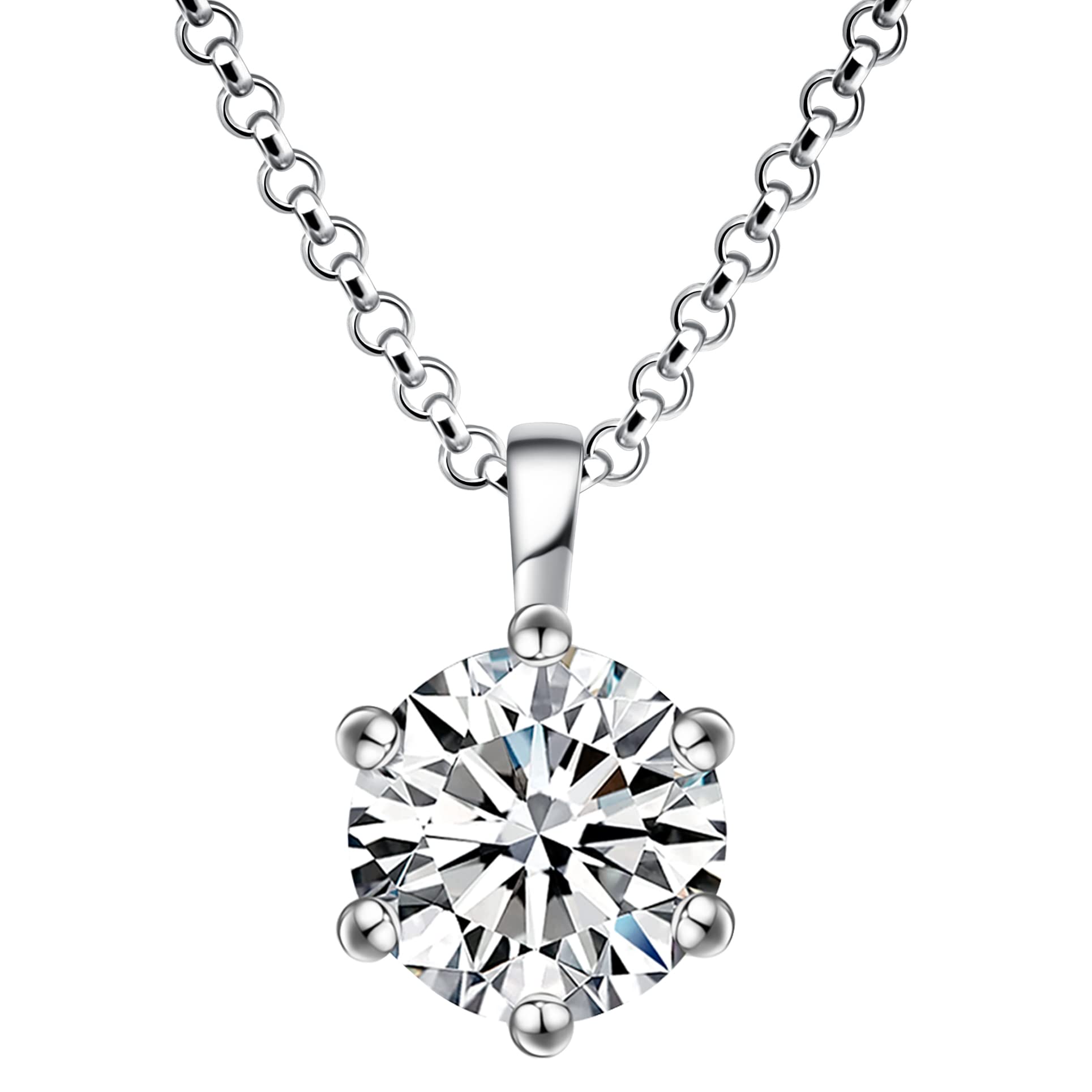 Impalsory Moissanite Pendant Necklace, 0.5ct 1ct 2ct Classic Round 6 Prong Solitaire Moissanite Necklace for Women 18K White Gold Plated Silver with 18 inch Chain