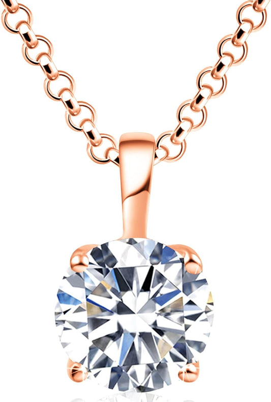 925 Sterling Silver Necklace for Women, 1ct 6.5mm D Colorless Moissanite Necklace Round Brilliant Cut Solitaire Pendant Necklace Gold Plated Classic 4 Prong 18 Inch Chain Necklace