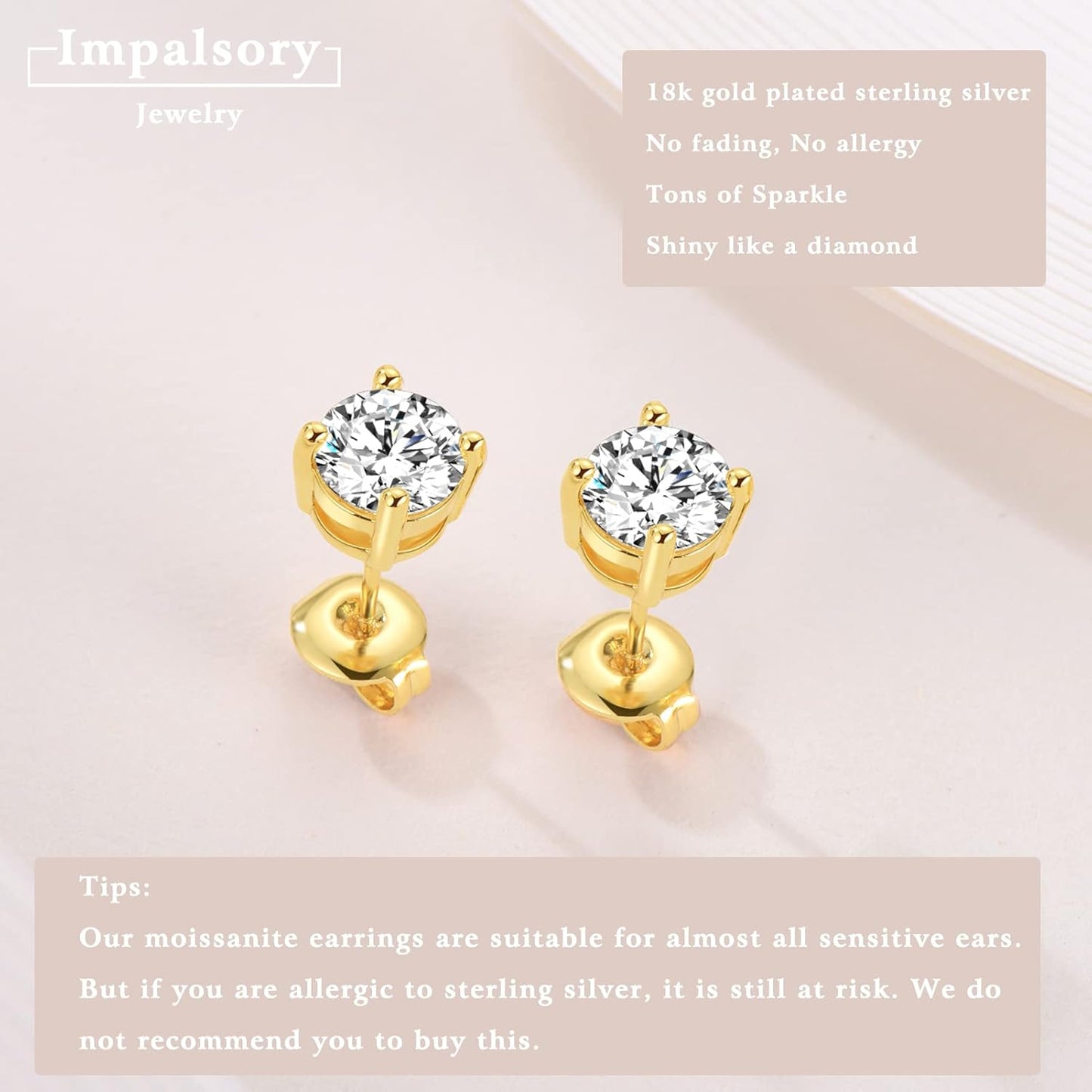 Moissanite Earrings, 2ct 6.5mm D Color Round Brilliant Cut Lab Created Moissanite Earrings 18K Yellow Gold Plated Sterling Silver Push Back for Women Girls Men