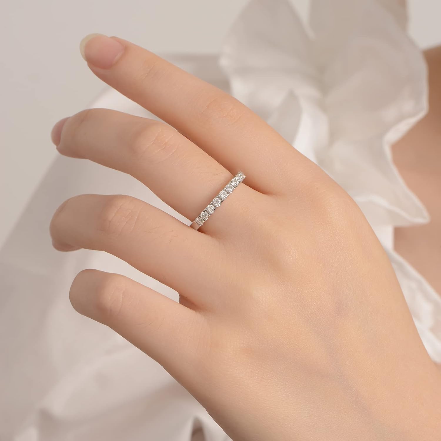 Impalsory Moissanite Eternity Ring, Wedding Band for Women 0.4ct Lab Created Moissanite Half Eternity Wedding Band 18K White Gold Plated Sterling Silver Stackable Ring Size 3-11