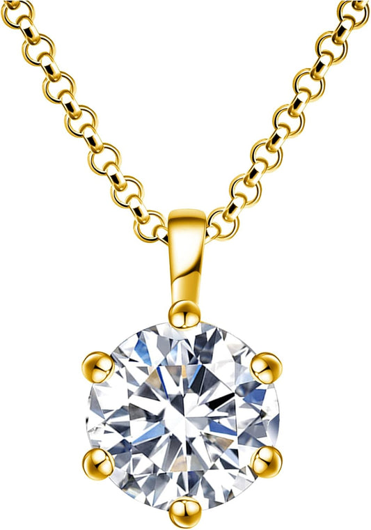 Impalsory Moissanite Necklace, 2ct Round Solitaire Moissanite Necklace for Women Mom Wife 18K Yellow Gold Plated Sterling Silver Jewelry 18 inch Chain