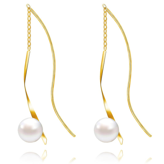 Impalsory Handmade Spiral Threader Earrings Sterling Silver Pearl Drop Dangle Earrings Gold Earrings for Women Perfect for Birthday, Christmas