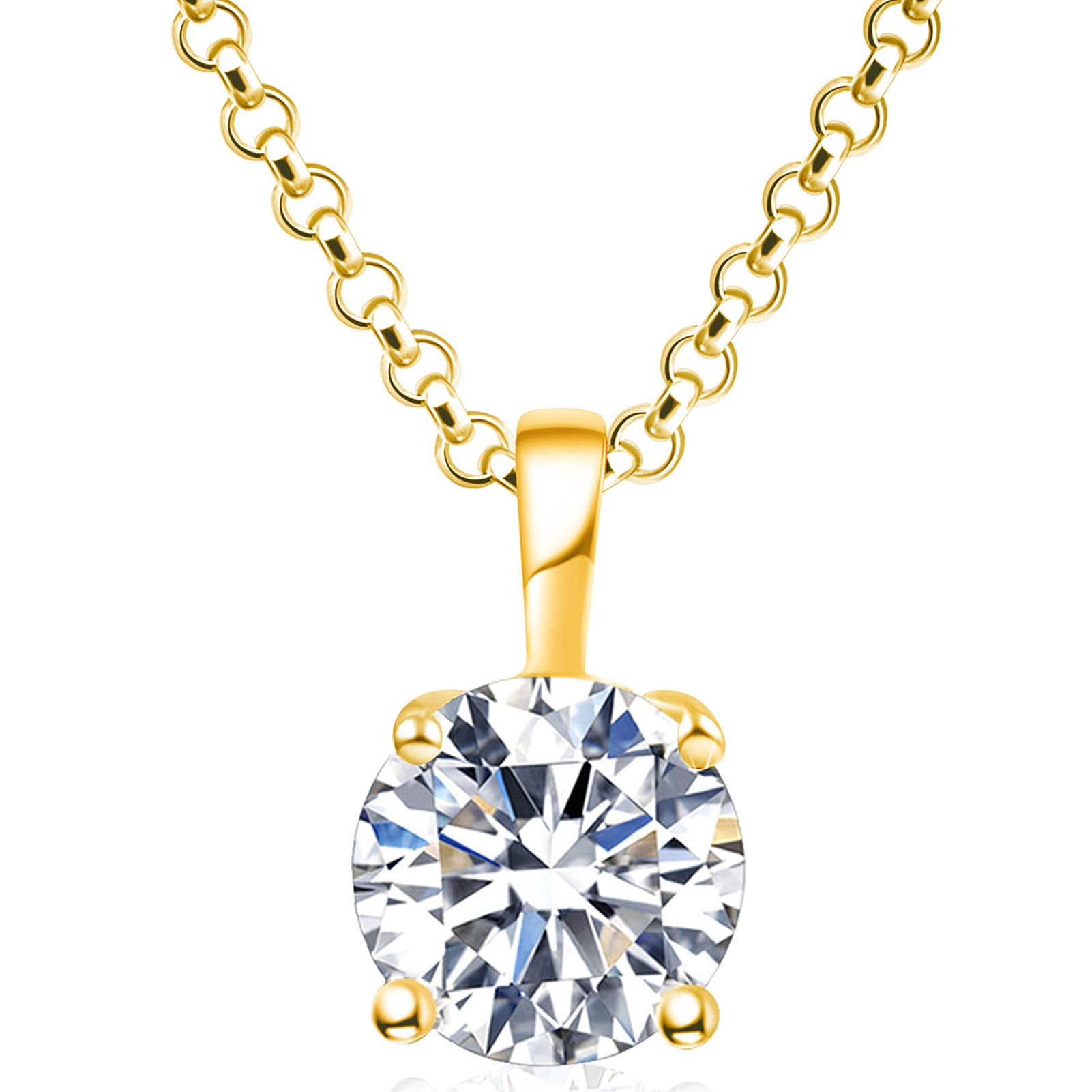 925 Sterling Silver Necklace for Women, 1ct 6.5mm D Colorless Moissanite Necklace Round Brilliant Cut Solitaire Pendant Necklace Gold Plated Classic 4 Prong 18 Inch Chain Necklace