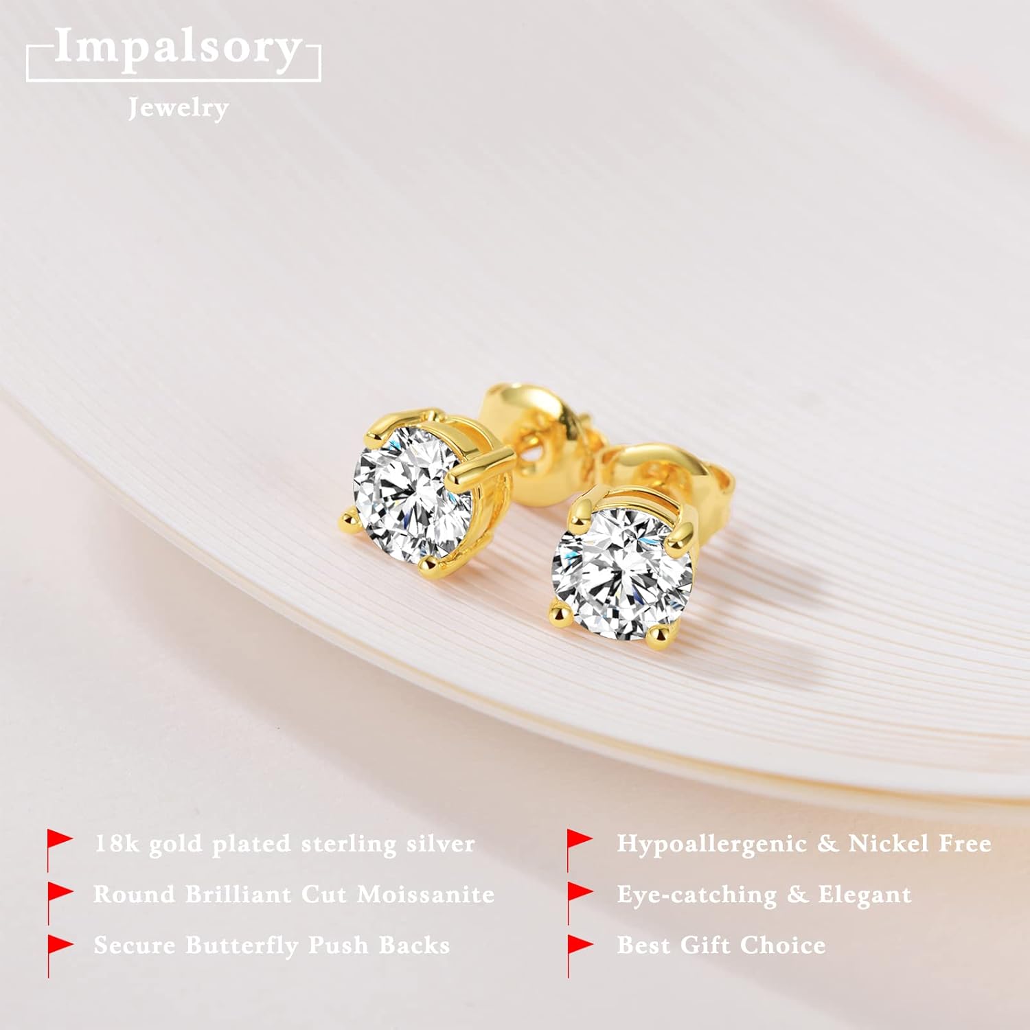 Moissanite Earrings, 2ct 6.5mm D Color Round Brilliant Cut Lab Created Moissanite Earrings 18K Yellow Gold Plated Sterling Silver Push Back for Women Girls Men