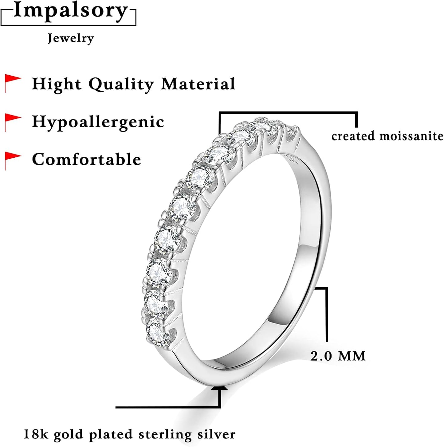 Impalsory Moissanite Eternity Ring, Wedding Band for Women 0.4ct Lab Created Moissanite Half Eternity Wedding Band 18K White Gold Plated Sterling Silver Stackable Ring Size 3-11