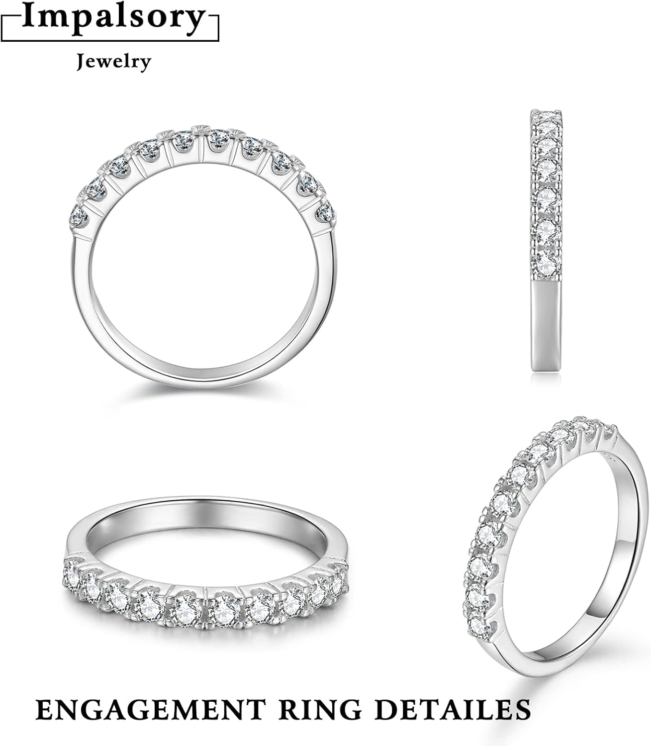 Impalsory Moissanite Eternity Ring, Wedding Band for Women 0.4ct Lab Created Moissanite Half Eternity Wedding Band 18K White Gold Plated Sterling Silver Stackable Ring Size 3-11