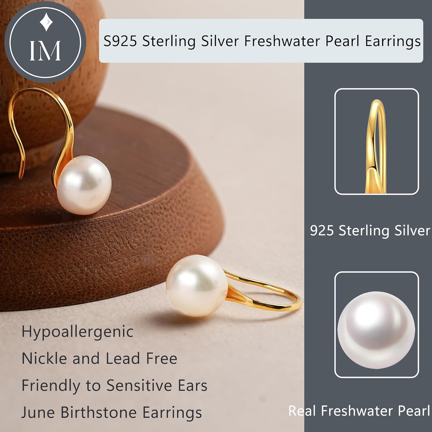Impalsory Pearl Dangle Drop Earrings, 18K Gold Plated 925 Sterling Silver Earrings for Women, 7-7.5mm White Freshwater Pearls