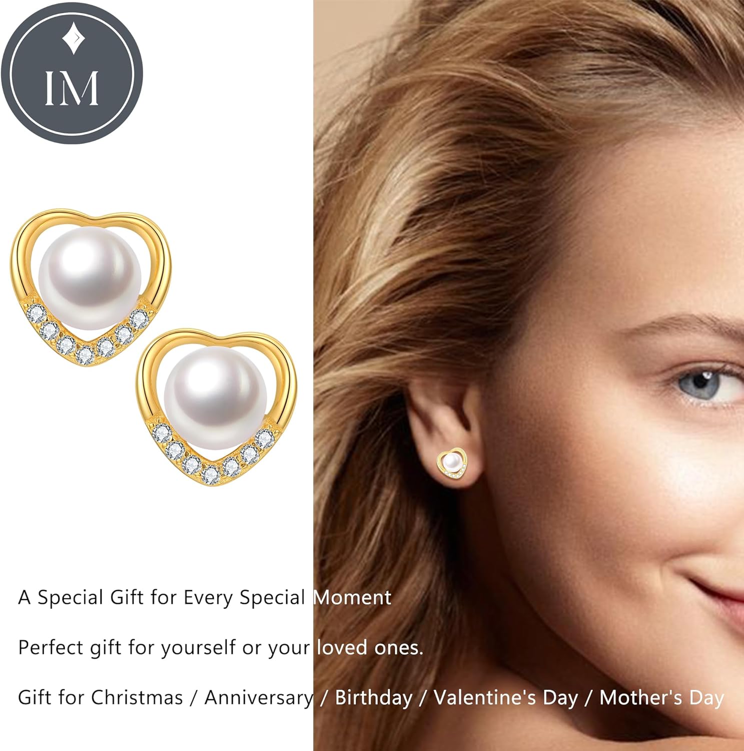 Impalsory 18K Gold Plated Pearl Heart Earrings with Zircon, Silver Base, Hypoallergenic & Comfortable Fit