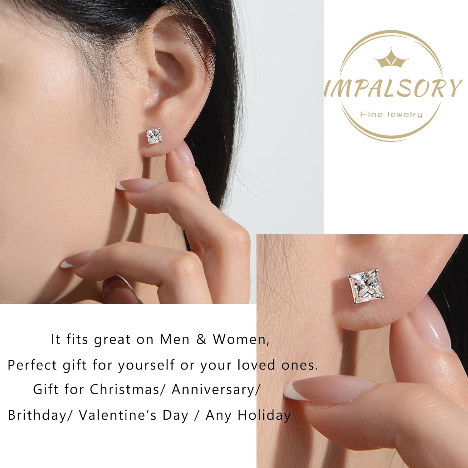 Princess Cut Moissanite Stud Earrings for Women Men, 18K White Gold Plated S925 Sterling Silver D Color VVS1 Clarity 0.3ct-3ct Lab Created Moissanite Earrings Promise Birthday Christmas Gift
