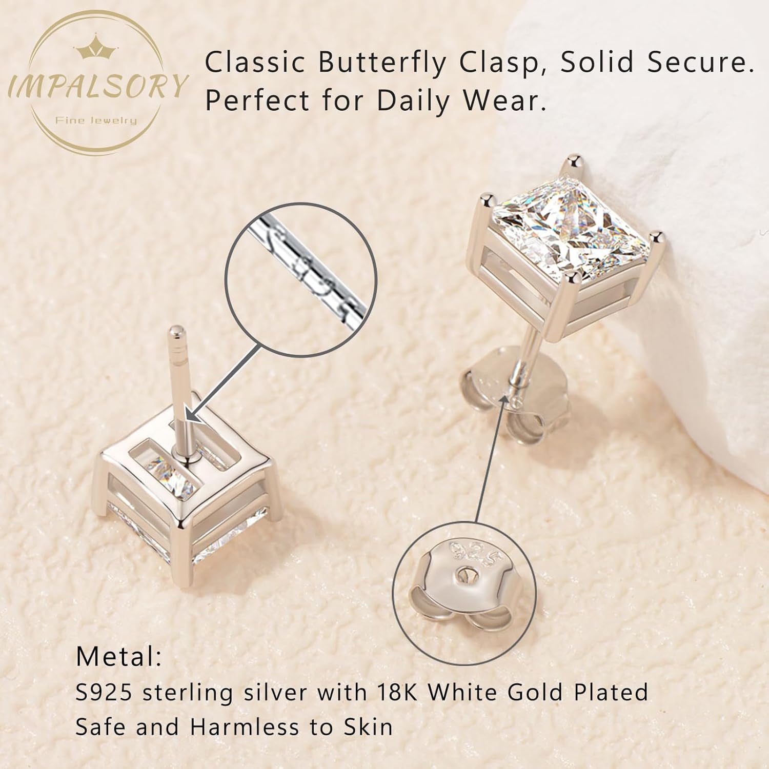 Princess Cut Moissanite Stud Earrings for Women Men, 18K White Gold Plated S925 Sterling Silver D Color VVS1 Clarity 0.3ct-3ct Lab Created Moissanite Earrings Promise Birthday Christmas Gift