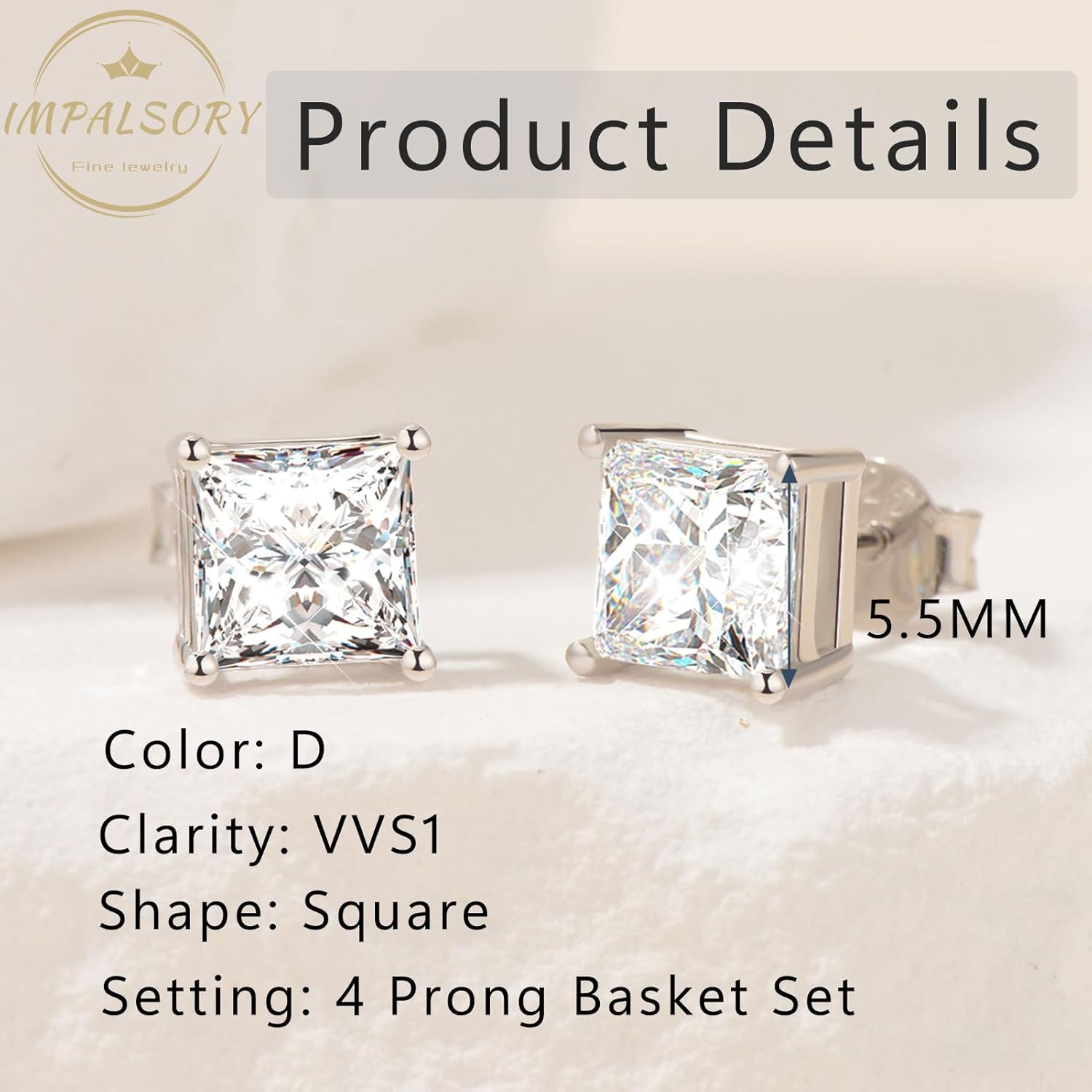 Princess Cut Moissanite Stud Earrings for Women Men, 18K White Gold Plated S925 Sterling Silver D Color VVS1 Clarity 0.3ct-3ct Lab Created Moissanite Earrings Promise Birthday Christmas Gift
