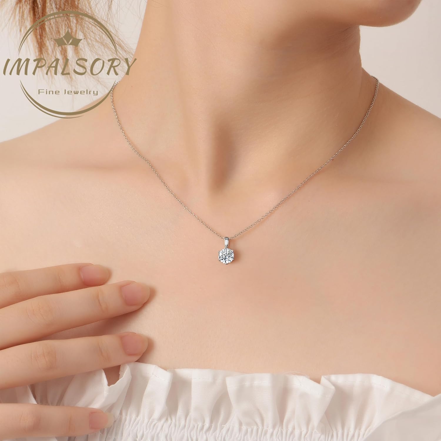 Impalsory Moissanite Pendant Necklace, 0.5ct 1ct 2ct Classic Round 6 Prong Solitaire Moissanite Necklace for Women 18K White Gold Plated Silver with 18 inch Chain