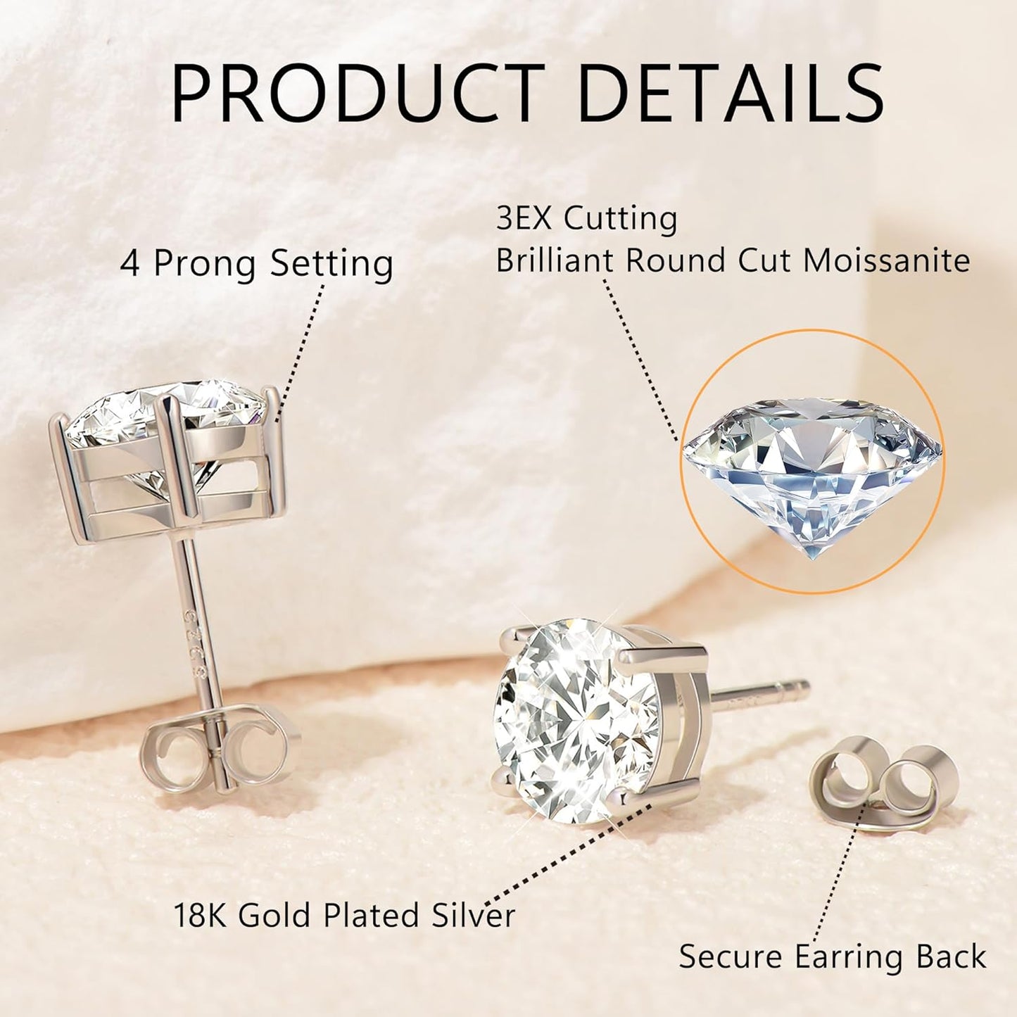 Moissanite Stud Earrings, 0.6ct-2ct DF Color Brilliant Round Cut Lab Created Moissanite Earrings 18K White Gold Plated Silver Friction Back for Women Men