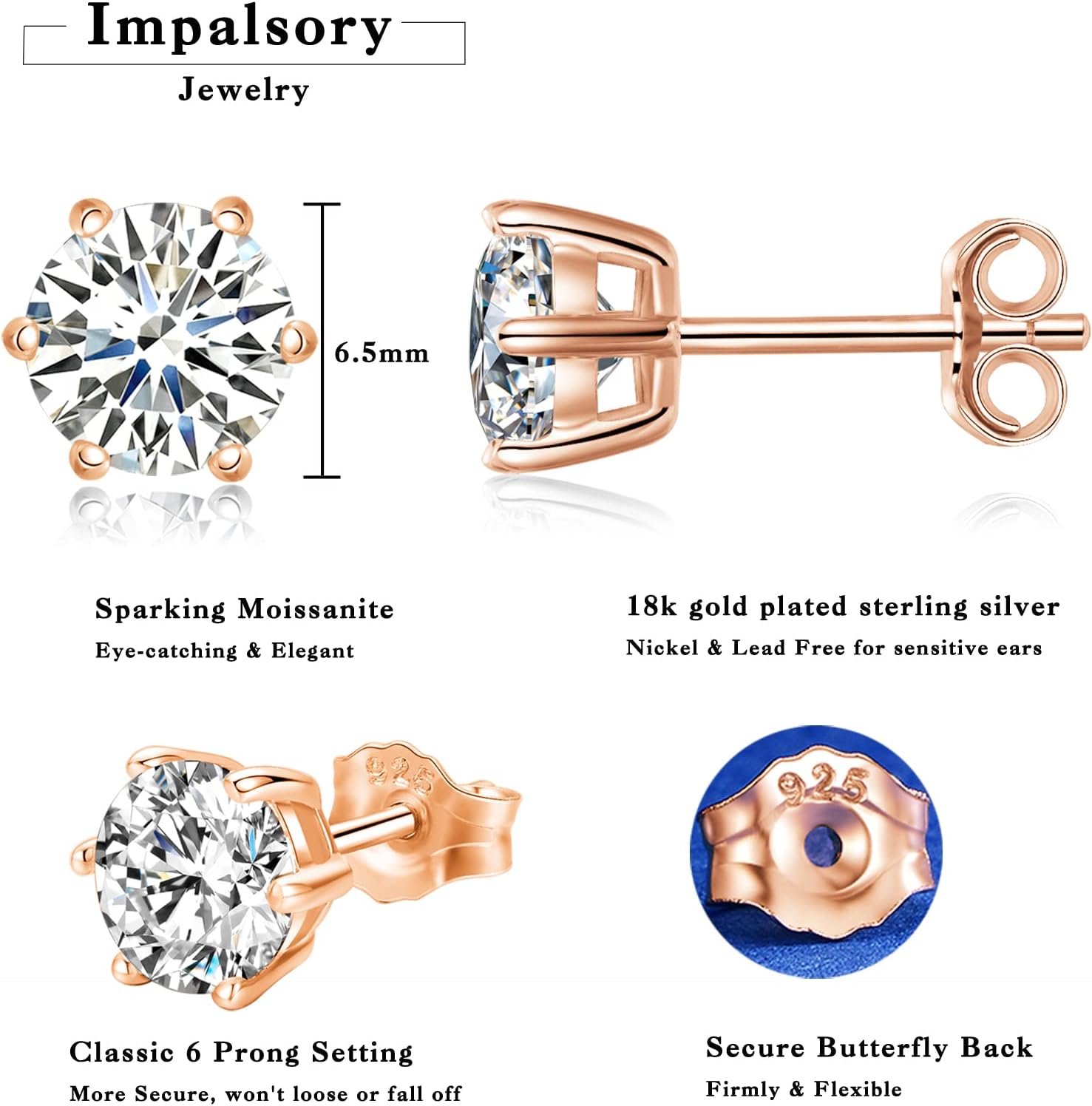 Moissanite Stud Earrings, 1ct-2ct Lab Created Moissanite Earrings for Women D Color VVS1 Clarity Brilliant Round Cut Moissanite 18K White Gold Plated 925 Sterling Silver Studs with Friction Back