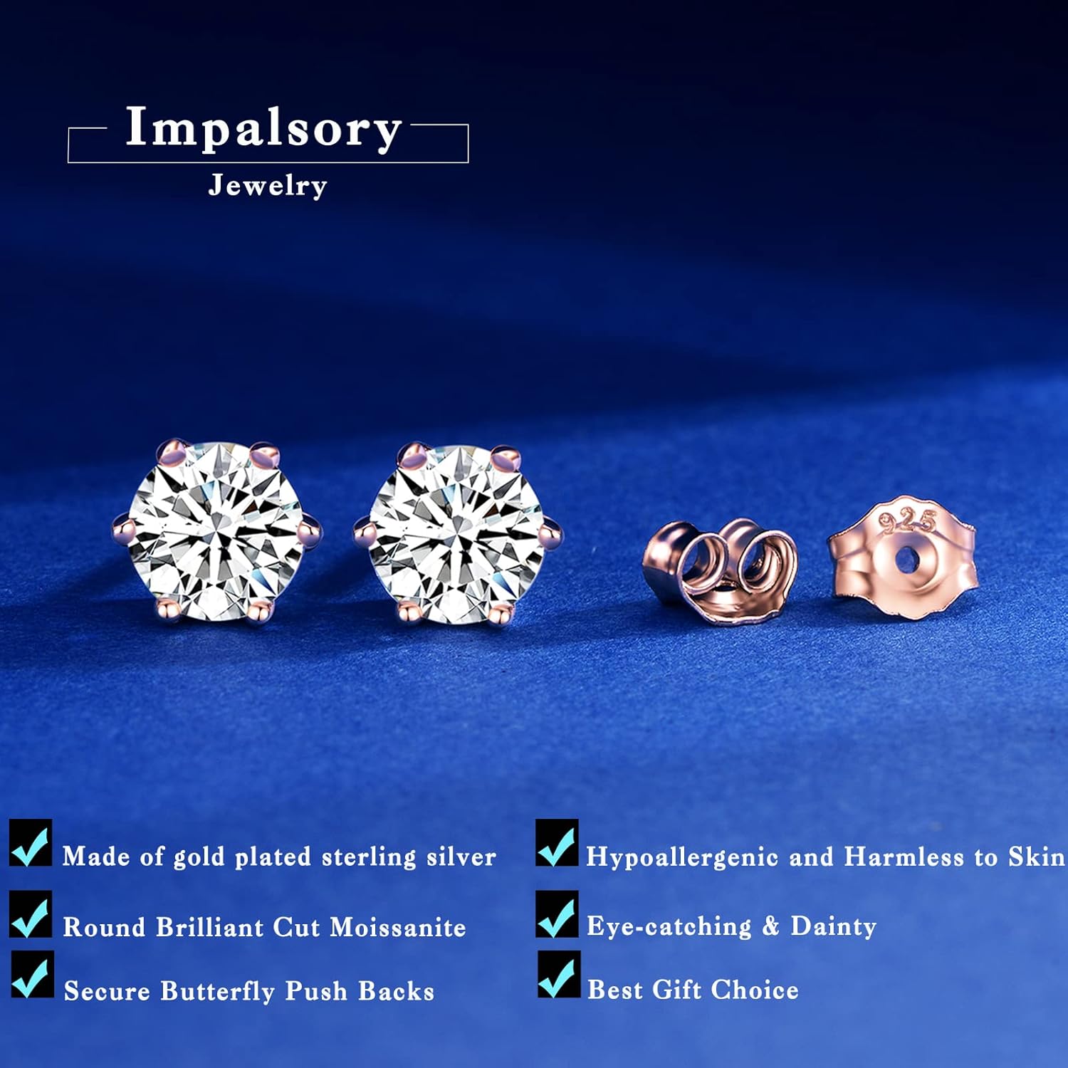 Moissanite Stud Earrings, 1ct-2ct Lab Created Moissanite Earrings for Women D Color VVS1 Clarity Brilliant Round Cut Moissanite 18K White Gold Plated 925 Sterling Silver Studs with Friction Back