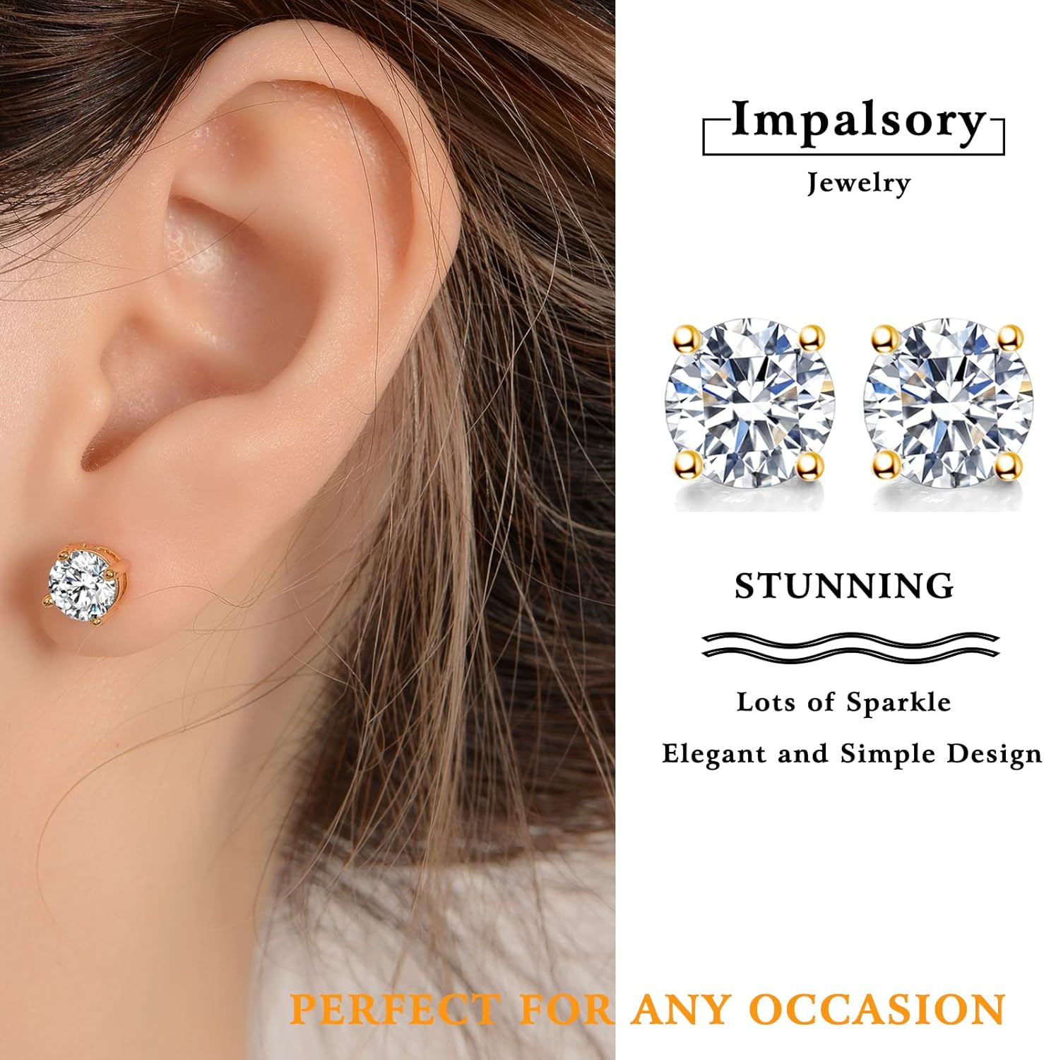 Moissanite Earrings, 2ct 6.5mm D Color Round Brilliant Cut Lab Created Moissanite Earrings 18K Yellow Gold Plated Sterling Silver Push Back for Women Girls Men
