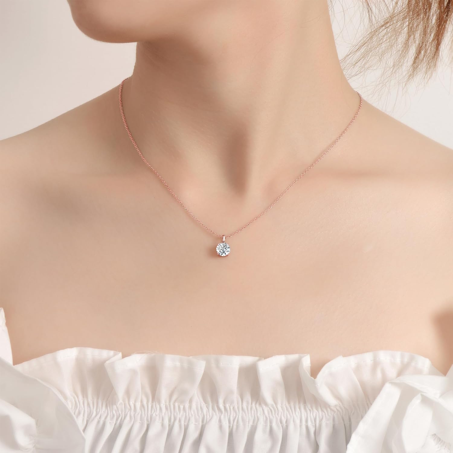925 Sterling Silver Necklace for Women, 1ct 6.5mm D Colorless Moissanite Necklace Round Brilliant Cut Solitaire Pendant Necklace Gold Plated Classic 4 Prong 18 Inch Chain Necklace