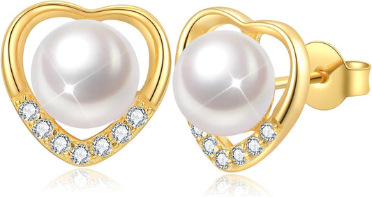 Impalsory 18K Gold Plated Pearl Heart Earrings with Zircon, Silver Base, Hypoallergenic & Comfortable Fit
