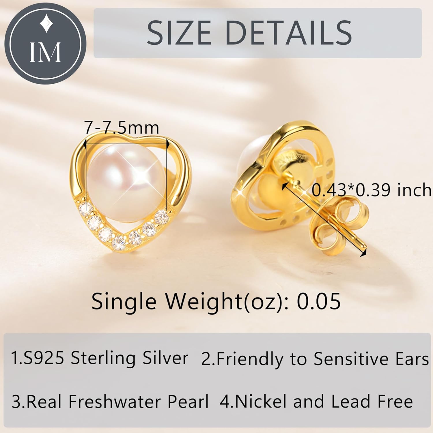 Impalsory 18K Gold Plated Pearl Heart Earrings with Zircon, Silver Base, Hypoallergenic & Comfortable Fit