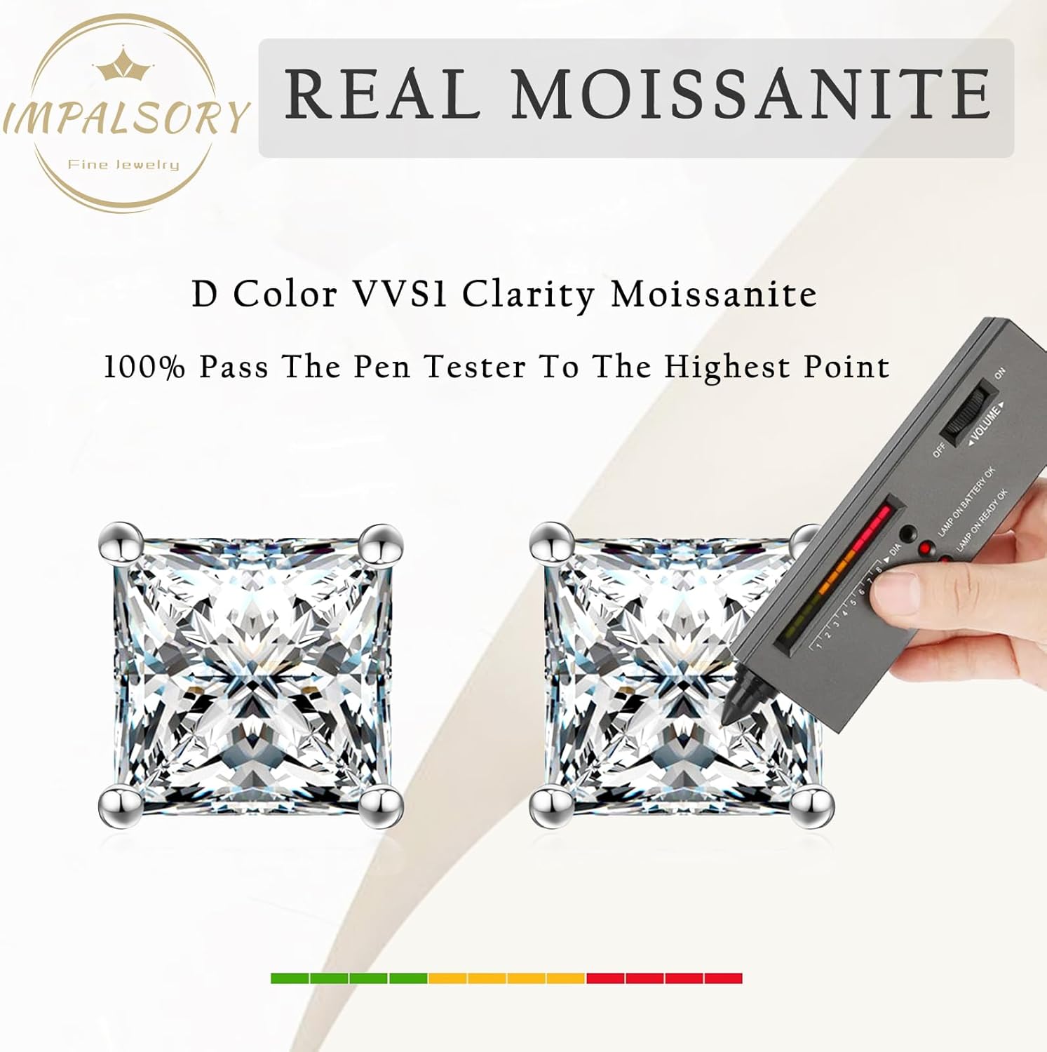 Princess Cut Moissanite Stud Earrings for Women Men, 18K White Gold Plated S925 Sterling Silver D Color VVS1 Clarity 0.3ct-3ct Lab Created Moissanite Earrings Promise Birthday Christmas Gift