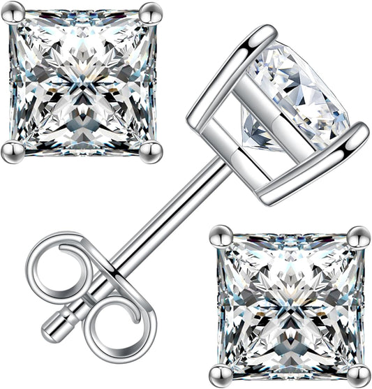 Princess Cut Moissanite Stud Earrings for Women Men, 18K White Gold Plated S925 Sterling Silver D Color VVS1 Clarity 0.3ct-3ct Lab Created Moissanite Earrings Promise Birthday Christmas Gift