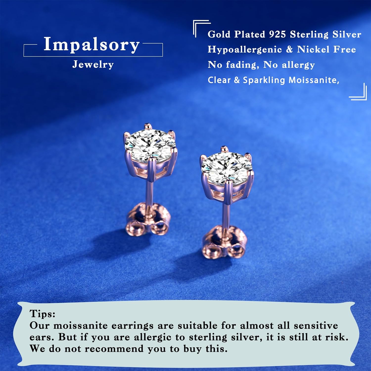 Moissanite Stud Earrings, 1ct-2ct Lab Created Moissanite Earrings for Women D Color VVS1 Clarity Brilliant Round Cut Moissanite 18K White Gold Plated 925 Sterling Silver Studs with Friction Back