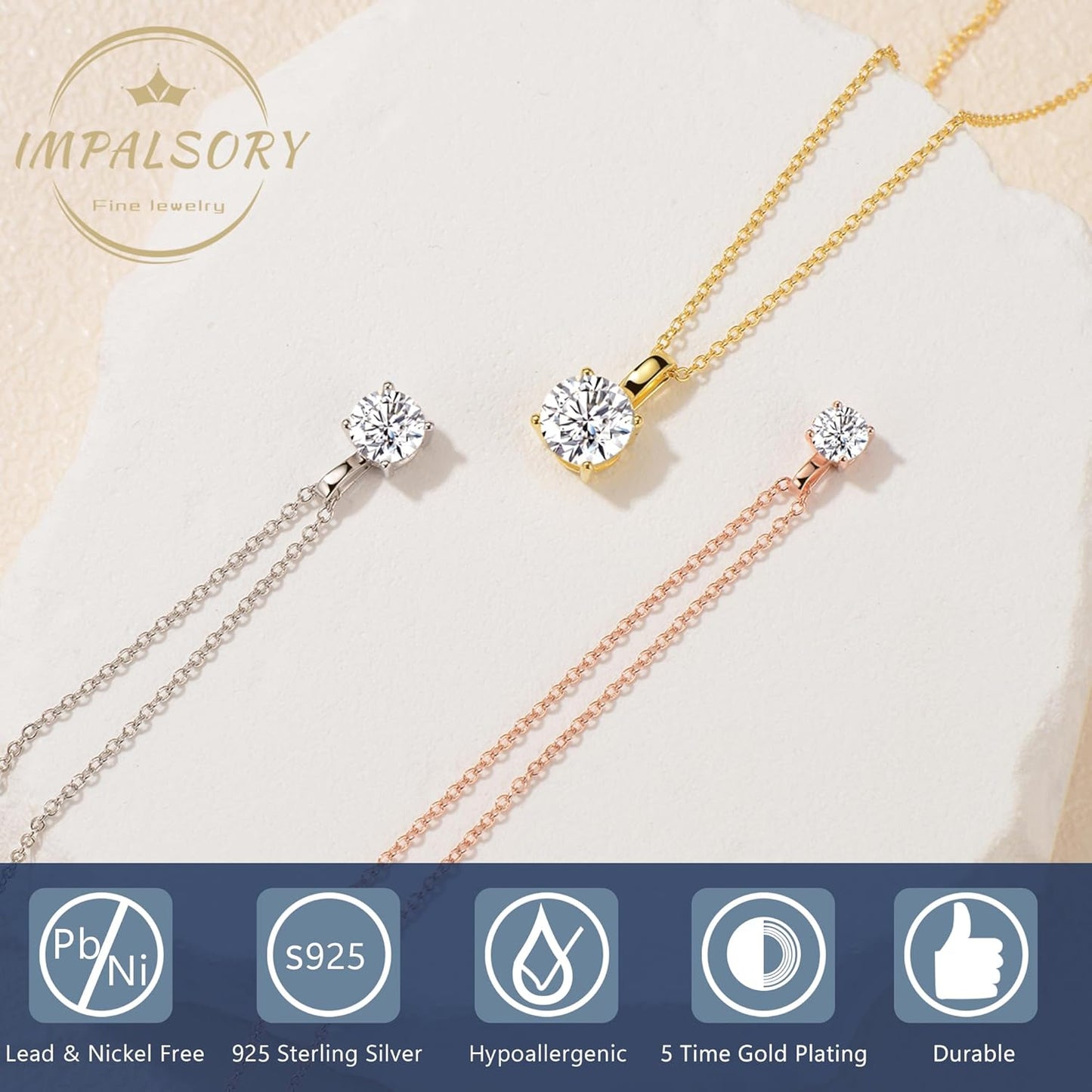 925 Sterling Silver Necklace for Women, 1ct 6.5mm D Colorless Moissanite Necklace Round Brilliant Cut Solitaire Pendant Necklace Gold Plated Classic 4 Prong 18 Inch Chain Necklace