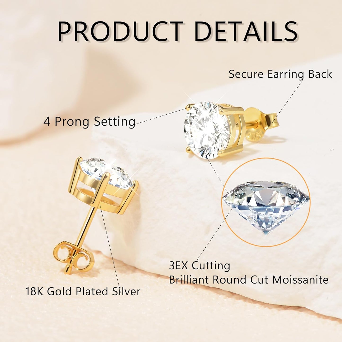 Moissanite Earrings, 2ct 6.5mm D Color Round Brilliant Cut Lab Created Moissanite Earrings 18K Yellow Gold Plated Sterling Silver Push Back for Women Girls Men