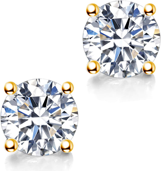 Moissanite Earrings, 2ct 6.5mm D Color Round Brilliant Cut Lab Created Moissanite Earrings 18K Yellow Gold Plated Sterling Silver Push Back for Women Girls Men