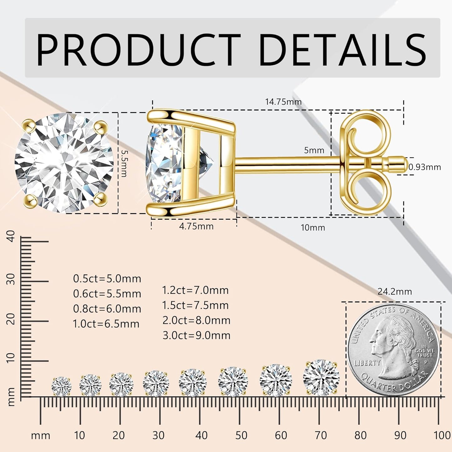 Moissanite Earrings, 2ct 6.5mm D Color Round Brilliant Cut Lab Created Moissanite Earrings 18K Yellow Gold Plated Sterling Silver Push Back for Women Girls Men