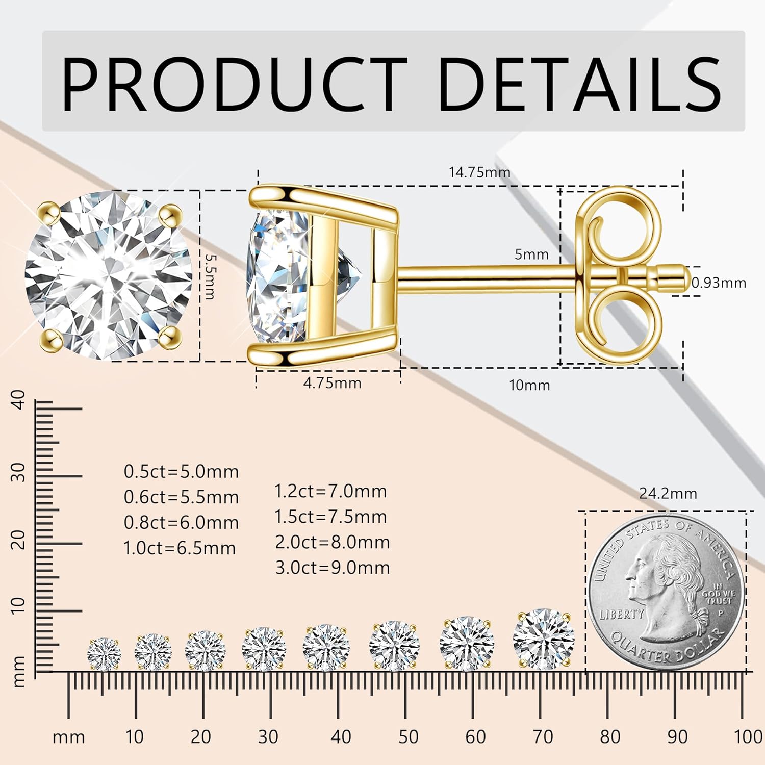 Moissanite Earrings, 2ct 6.5mm D Color Round Brilliant Cut Lab Created Moissanite Earrings 18K Yellow Gold Plated Sterling Silver Push Back for Women Girls Men