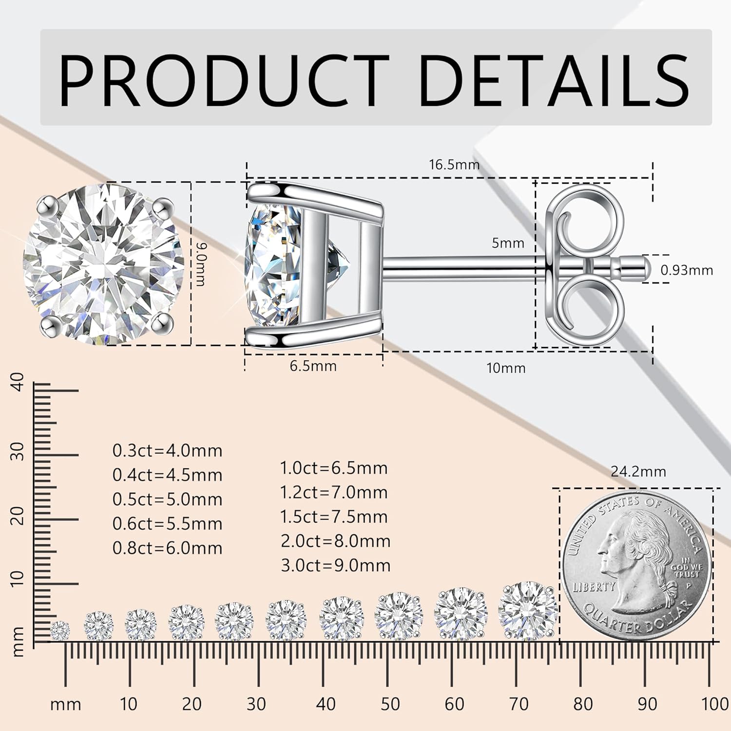Moissanite Stud Earrings, 0.6ct-2ct DF Color Brilliant Round Cut Lab Created Moissanite Earrings 18K White Gold Plated Silver Friction Back for Women Men