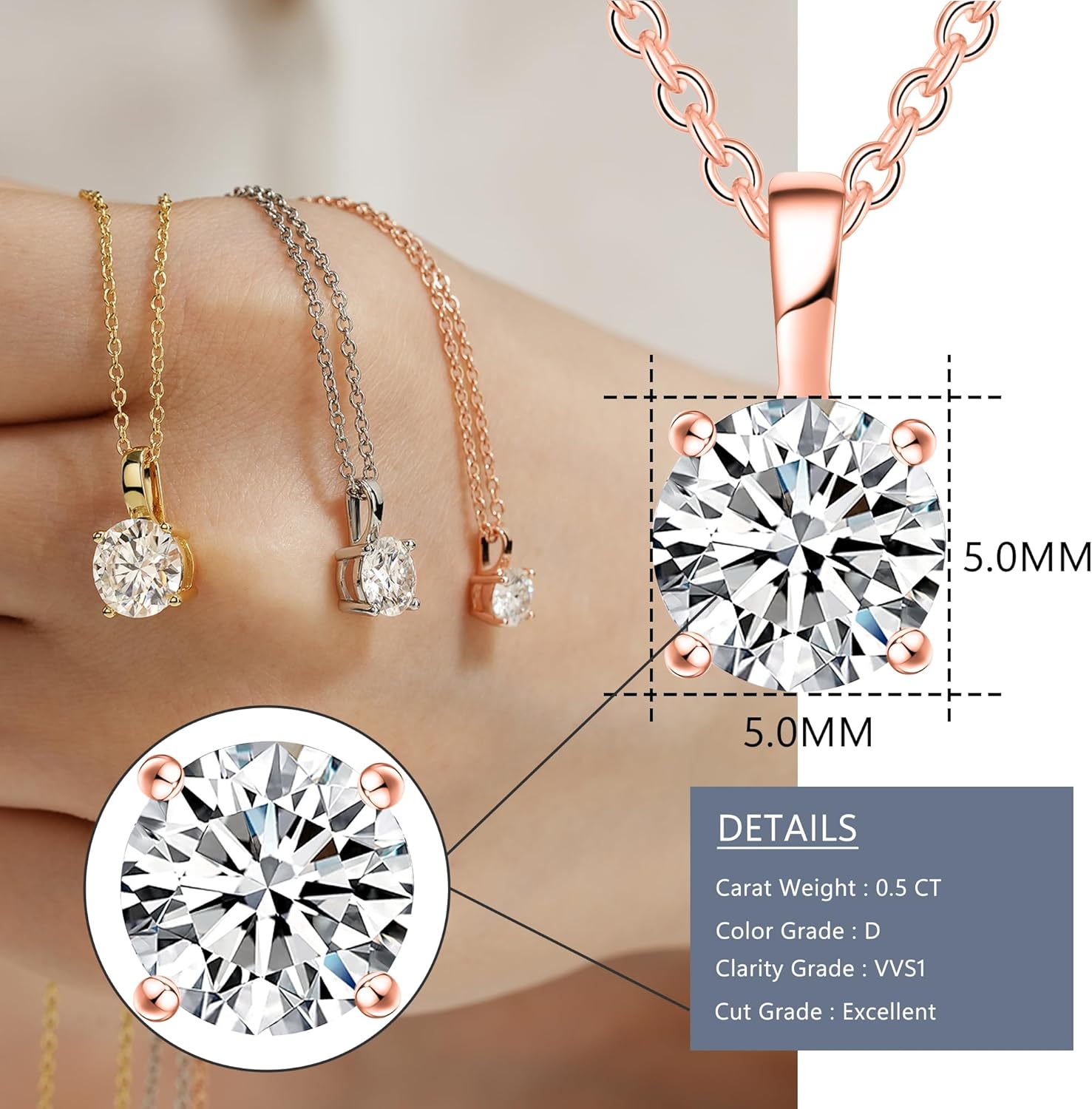 925 Sterling Silver Necklace for Women, 1ct 6.5mm D Colorless Moissanite Necklace Round Brilliant Cut Solitaire Pendant Necklace Gold Plated Classic 4 Prong 18 Inch Chain Necklace