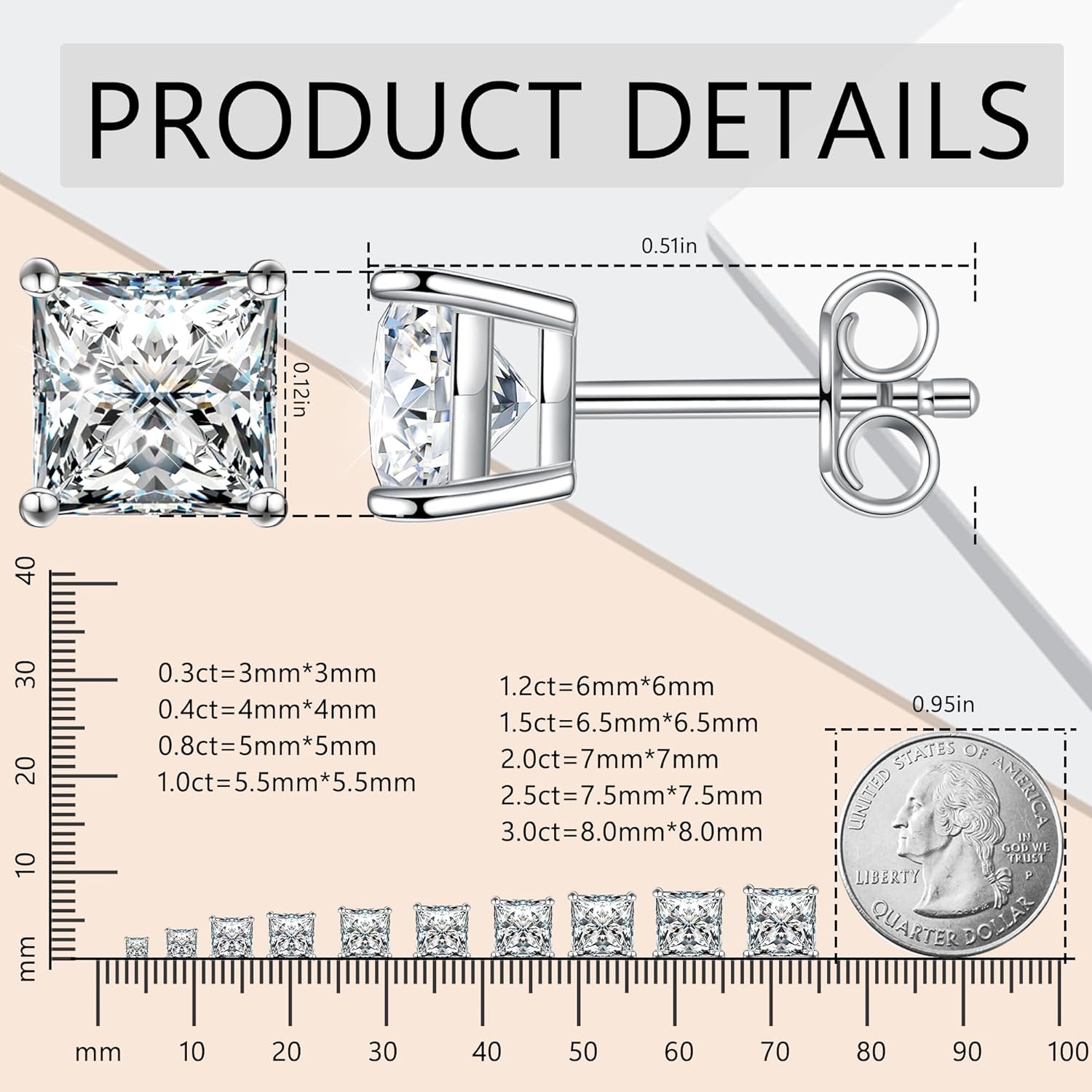 Princess Cut Moissanite Stud Earrings for Women Men, 18K White Gold Plated S925 Sterling Silver D Color VVS1 Clarity 0.3ct-3ct Lab Created Moissanite Earrings Promise Birthday Christmas Gift