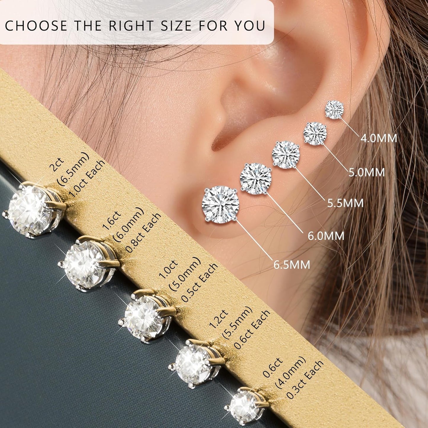Moissanite Stud Earrings, 0.6ct-2ct DF Color Brilliant Round Cut Lab Created Moissanite Earrings 18K White Gold Plated Silver Friction Back for Women Men